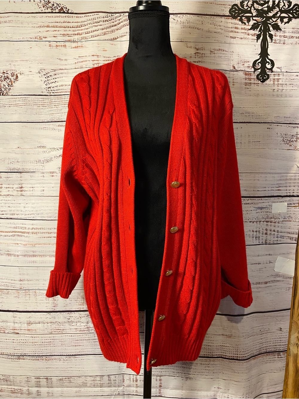 VTG Y2K Bobbie Brooks Bright Red Cable Knit Button-Up Cardigan Sz-XL